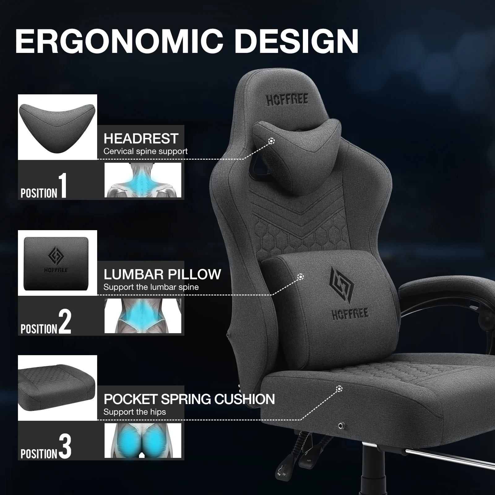 Hoffree Gaming Chair with Speakers Fabric Gamer Chair with footrest and massage Big and Tall Video Game Chair with Headrest and Lumbar Support for Adults