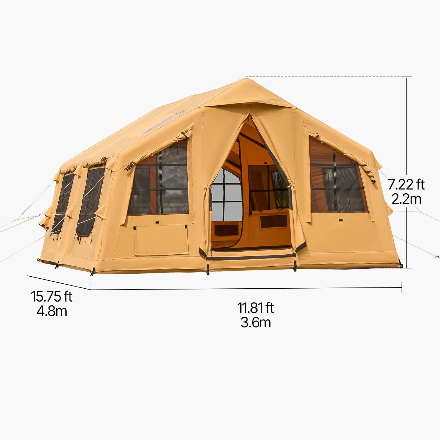 KFFKFF Inflatable Tent for Camping, 15.75 x 11.81 x 7.22 Ft Glamping Blow up Tent for 8-12 People, Air-Filled Camping Shelters, Outdoor Living Tent with Dual Sunroofs, Stove Jack