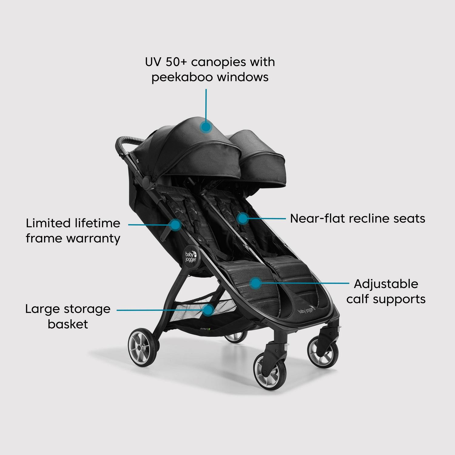 Baby Jogger City Tour 2 Double Stroller. Pitch Black