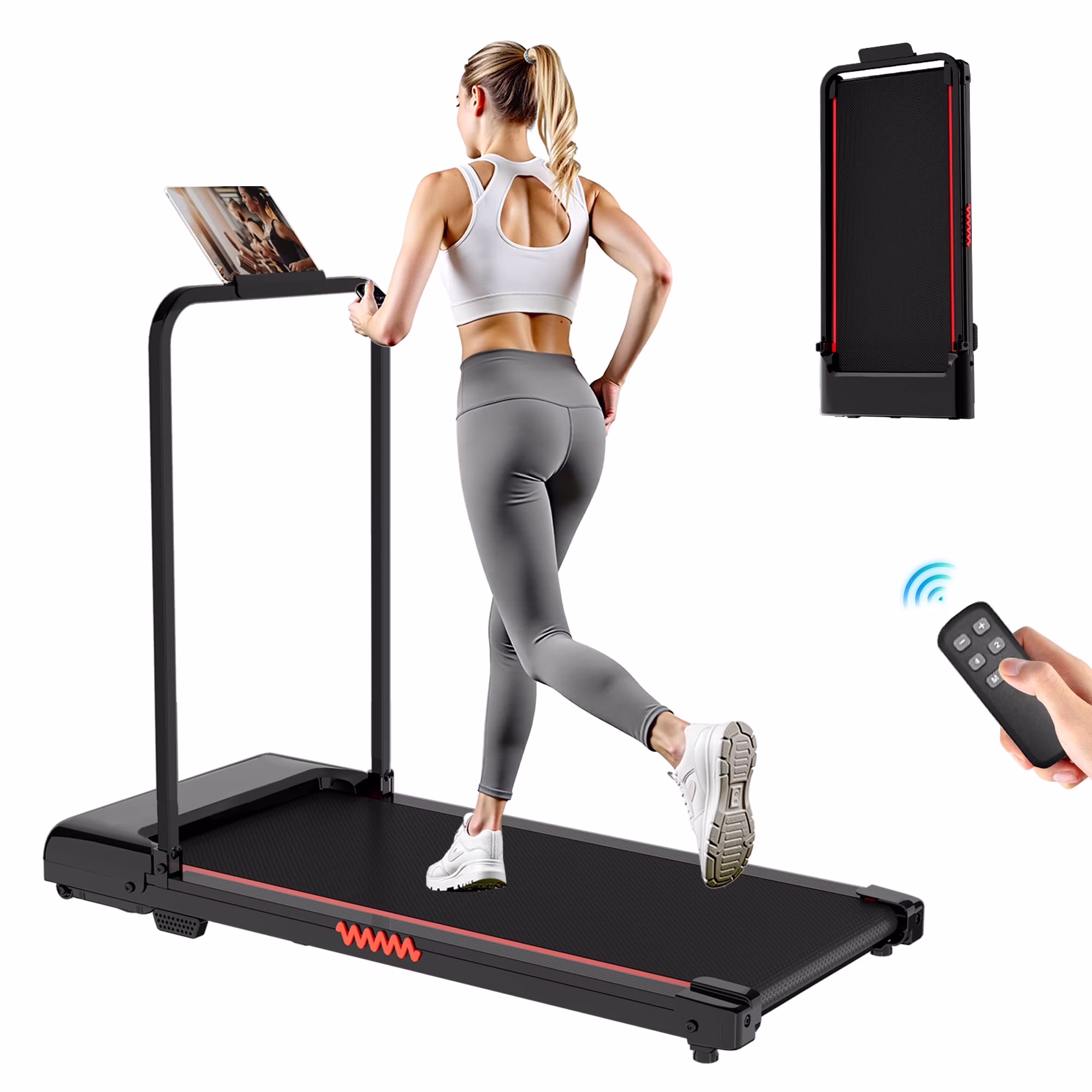 2 in 1 Walking Pad Treadmill, Foldable Treadmills with Handle Bar, 2.5HP Portable Folding Treadmill with Remote Control, Under Desk Treadmill for Home Office, 300lbs, Black