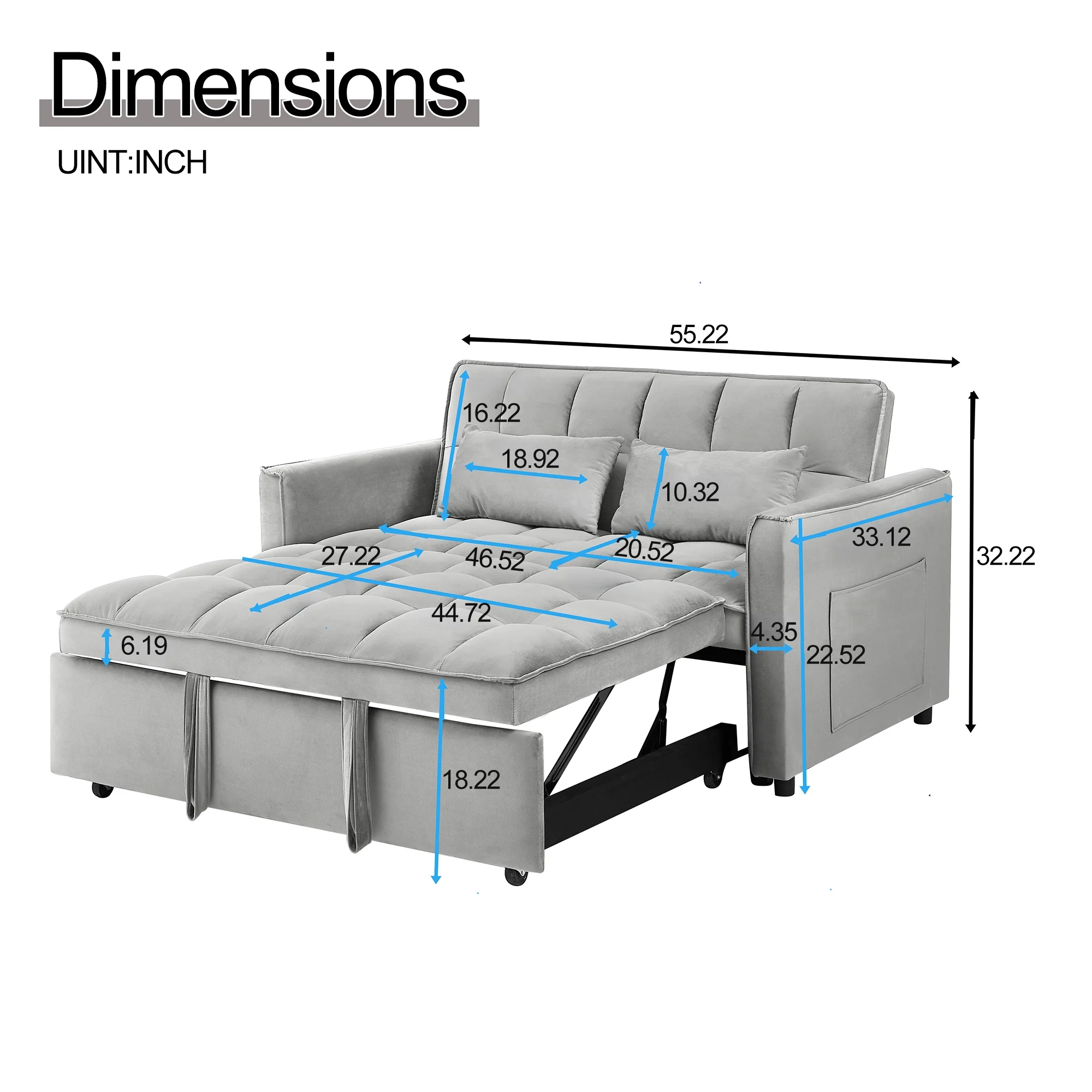 Convertible Sofa Bed,3-in-1 Sleeper Sofa with Pull Out Bed,Sleeper Futon Couch Loveseat with Adjsutable Backrest and Pillows for Living Room,Gray