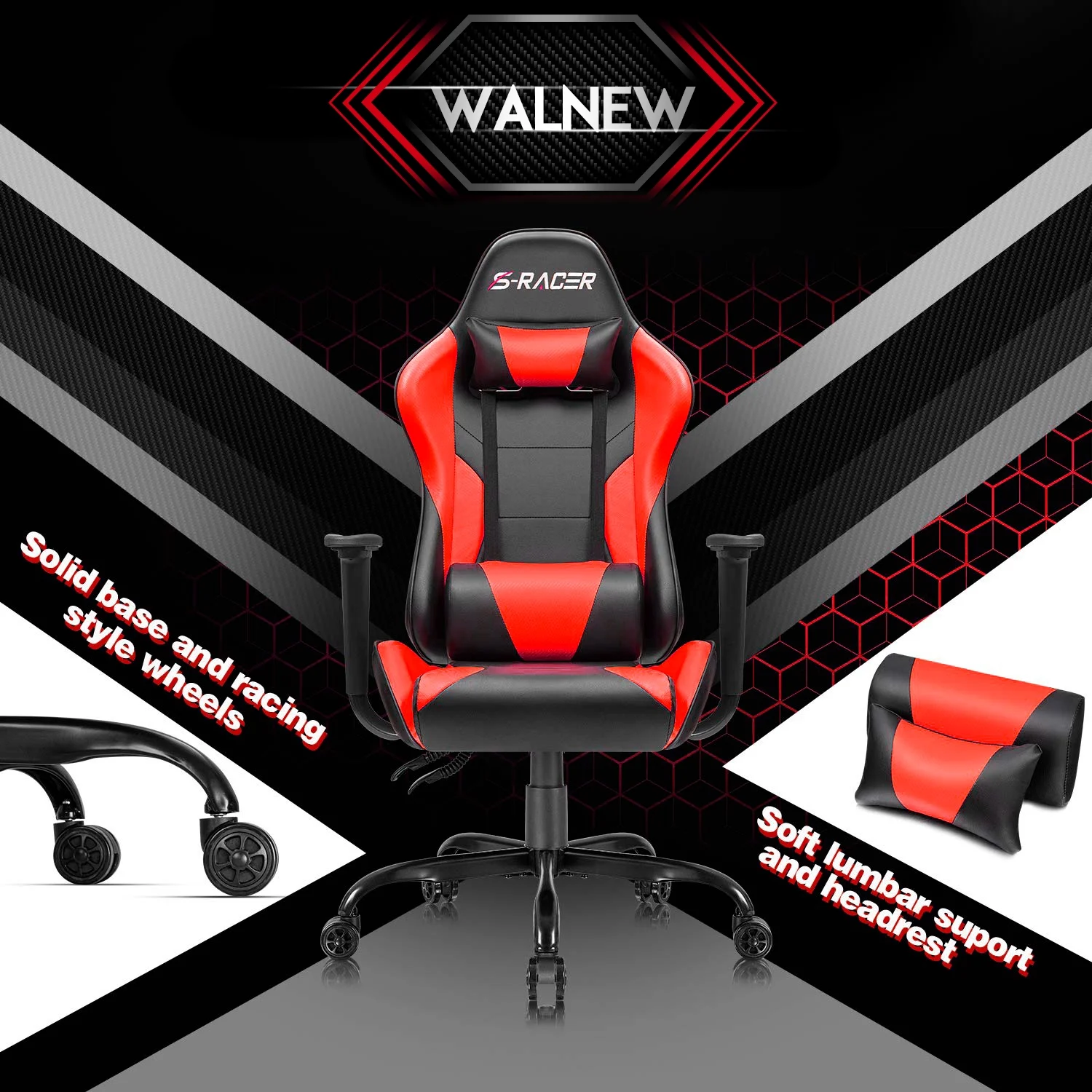 Lacoo Gaming Chair in Home Office PU Leather Reclining Gaming Chair Adjustable Adjustable Headrest and Lumbar Pillow, Red