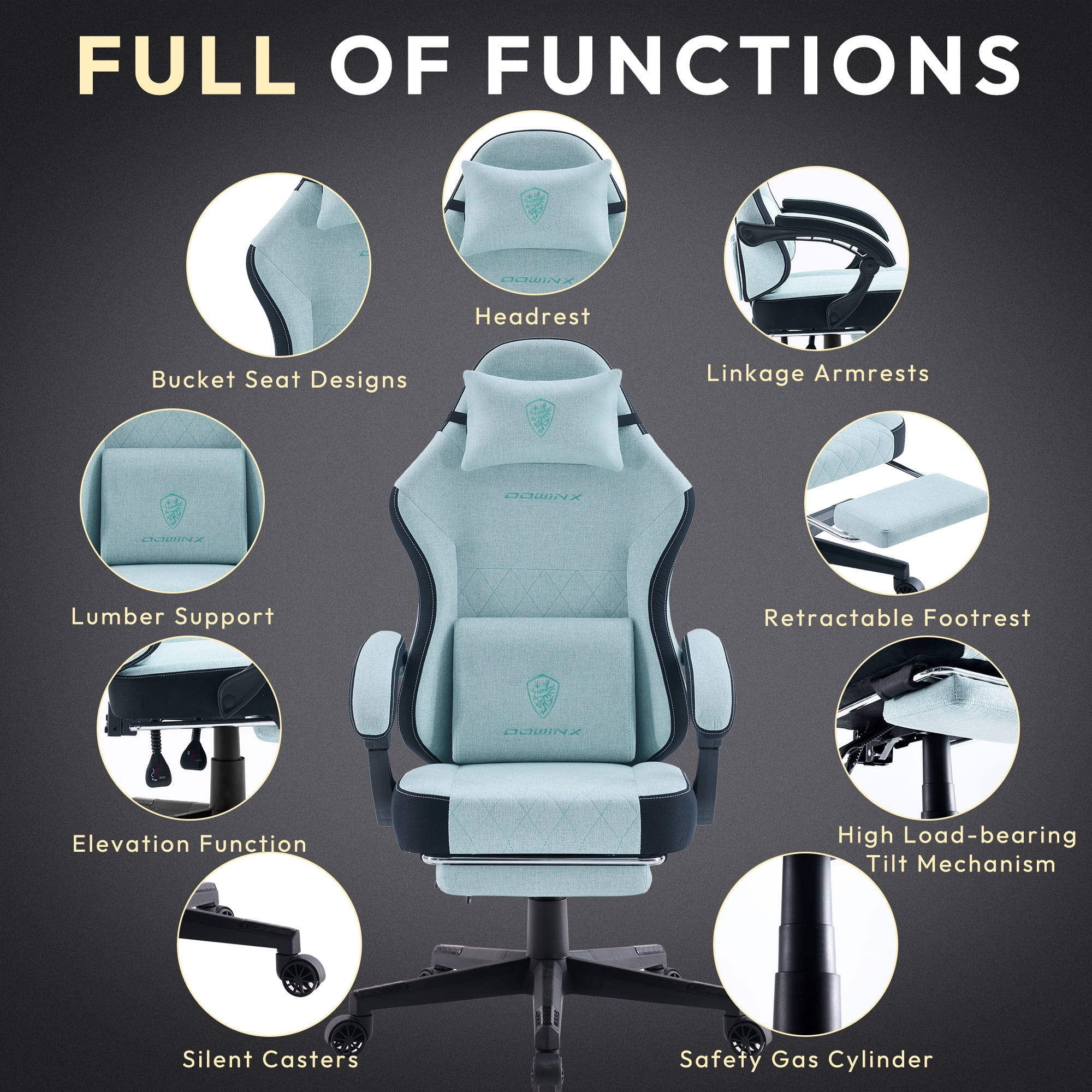 Dowinx Fabric Gaming Chair with Massage Lumbar Support, High Back Ergonomic Computer Chair with Footrest for Adult, Black