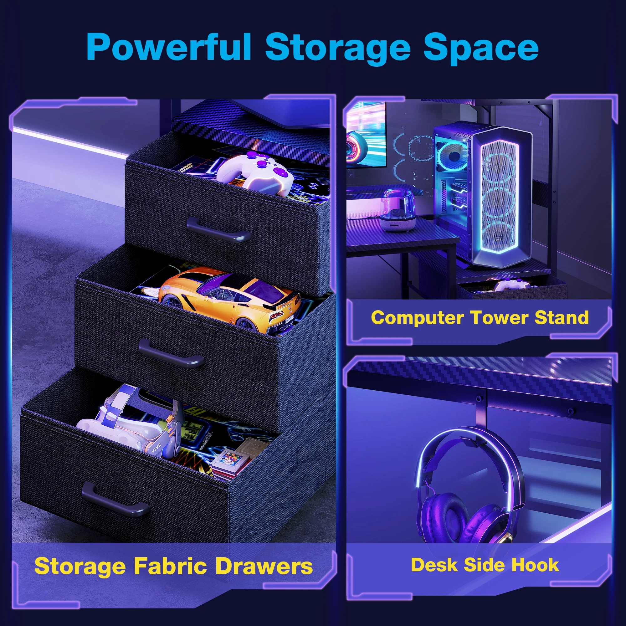 59 inch Gaming Desk with USB Charging Ports & LED Light- Reversible Computer Desk with Storage Shelves & Monitor Stand, Modern Gamer Desk Table with Fabric Drawers & Side Hook, Carbon Fiber Black