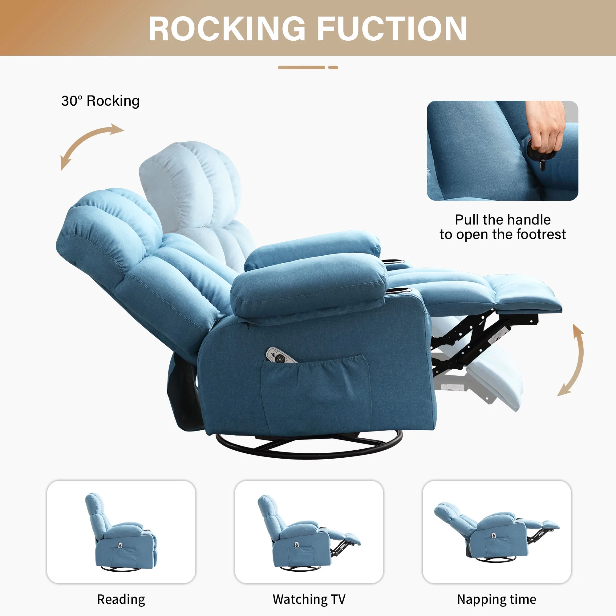 JONPONY Manual Recliner Chair with Heat Therapy and Massage Function, Heavy Duty Reclining Mechanism Massage Chair, Elderly Single Rocker Sofa with Cup Holders for Bedroom Home Theater,Grey