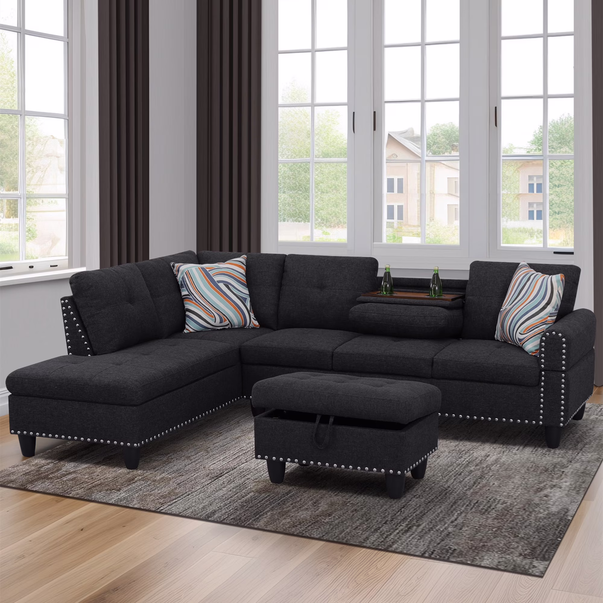 Aukfa 3 Piece Sectional Sofa, Living Room Couch with Storage Ottoman&Cup Holder, Linen, Left Hand, Black Gray