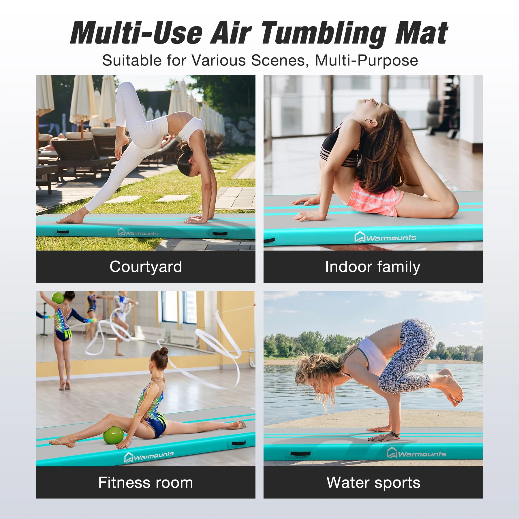 WARMOUNTS Tumbling Mat, 10 ft Inflatable Air Gymnastics Training Mats w/ Electric Pump, 4'' Thick Tumble Track for Home, Gym, Cheerleading, Water, Outdoor