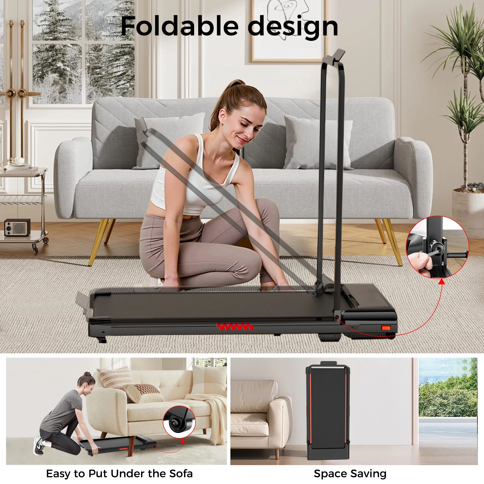 2 in 1 Walking Pad Treadmill, Foldable Treadmills with Handle Bar, 2.5HP Portable Folding Treadmill with Remote Control, Under Desk Treadmill for Home Office, 300lbs, Black