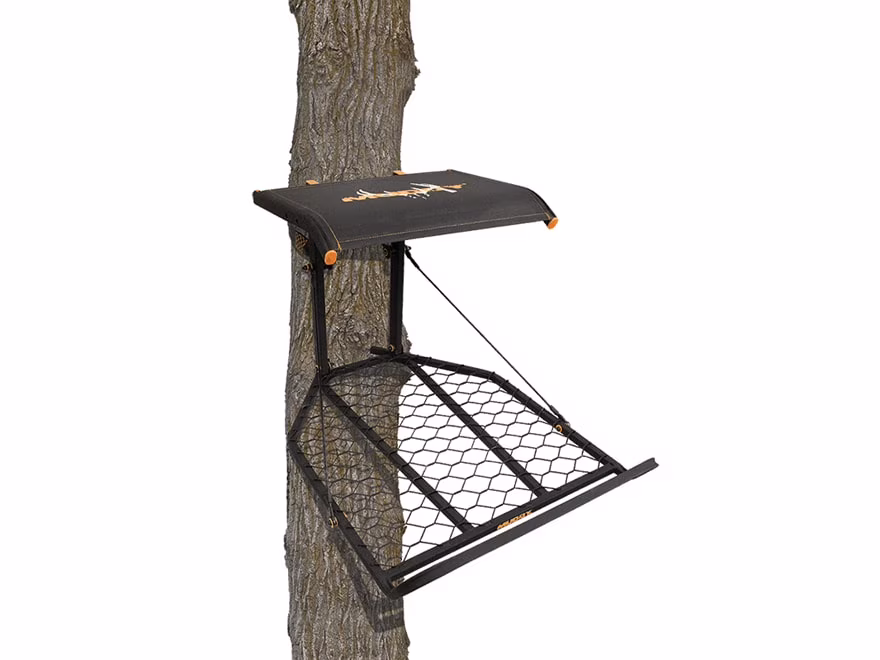 MUDDY Boss XL Hang-on, Durable Weather-Resistant Outdoor Hunting Tree Stand, Wide Stance Platform with Fixed Footrest & Flip-Back Flex-Tek Seat, 300 Pound Maximum Capacity