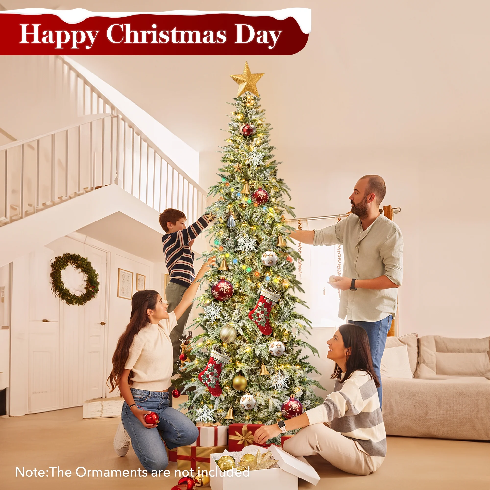 Qunler 9ft Snow Flocked Christmas Tree with 2028 Tips, Artificial Snowy Xmas Pine Tree with Reinforced Metal Base for Home Office Party Holiday Decorations ,White(NO Light)