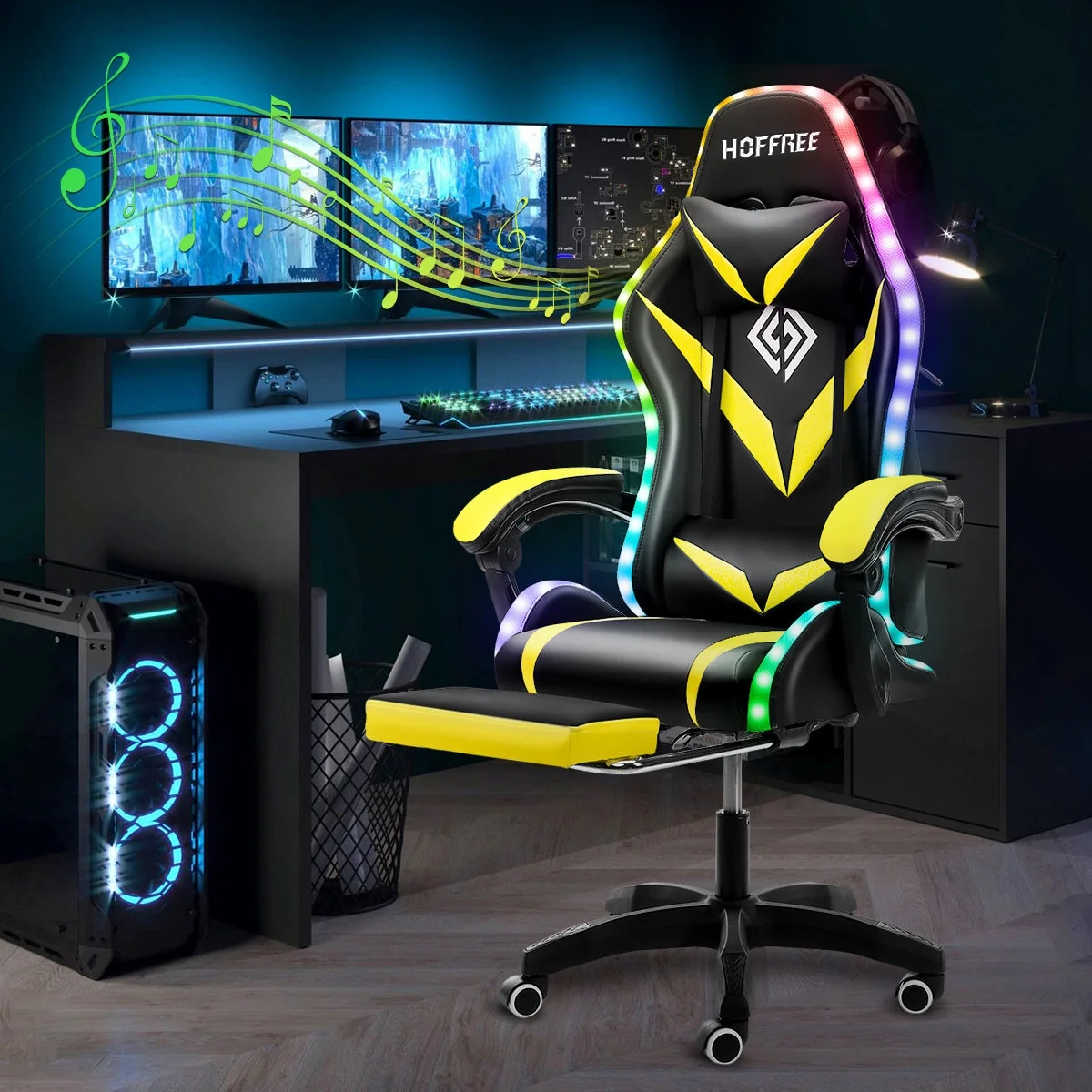 Hoffree Gaming Chair with Speakers PU Leather Office Chair with Footrest and LED Lights Ergonomic Gamer Chair with Massage Lumbar Support and Headrest Adjustable Swivel for Home Office 300lb