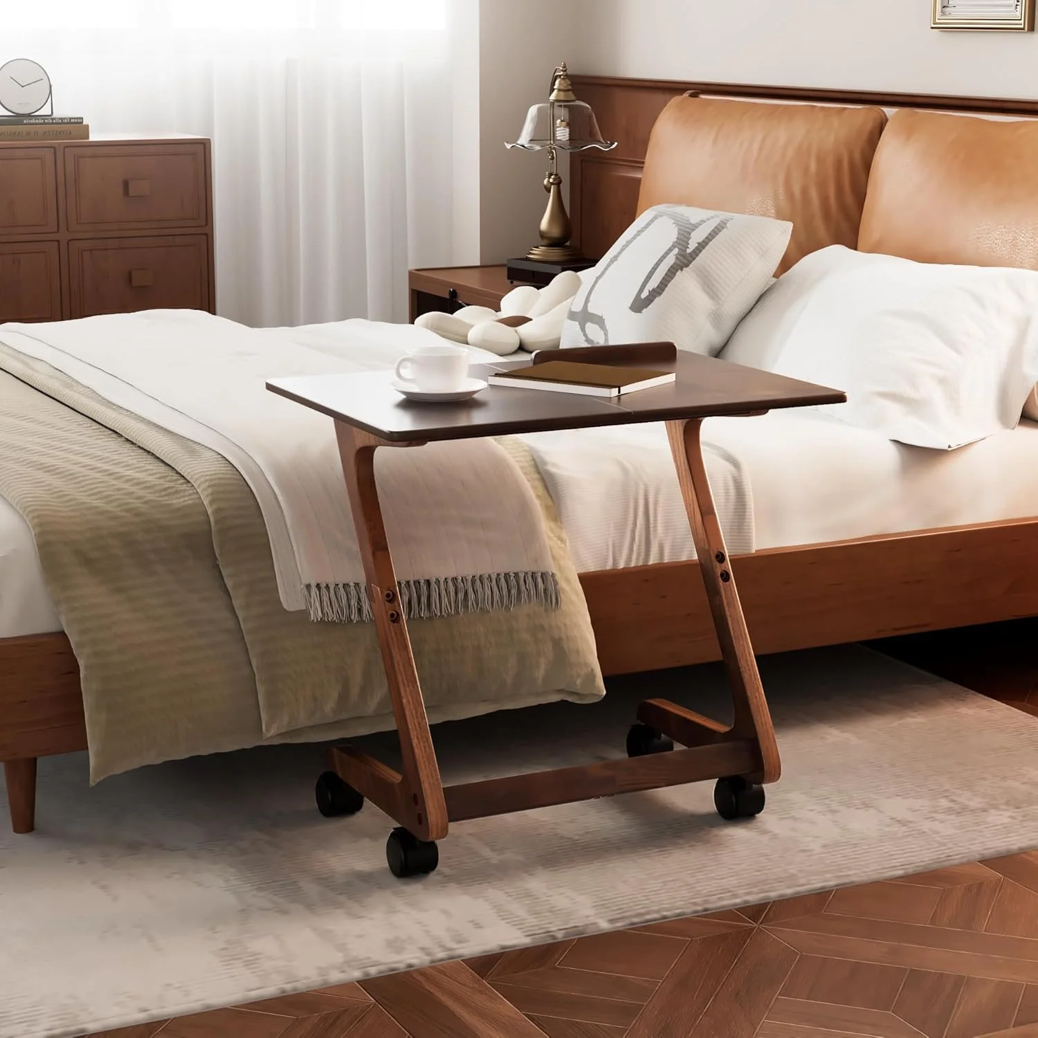 TV Tray Table, TV Dining Table with Casters for Small Spaces, Solid Wood End Table, Sofa Couch Side Table Removable Snack Tray for Coffee Bed Sofa Eating Writing Reading Living Room Bedroom