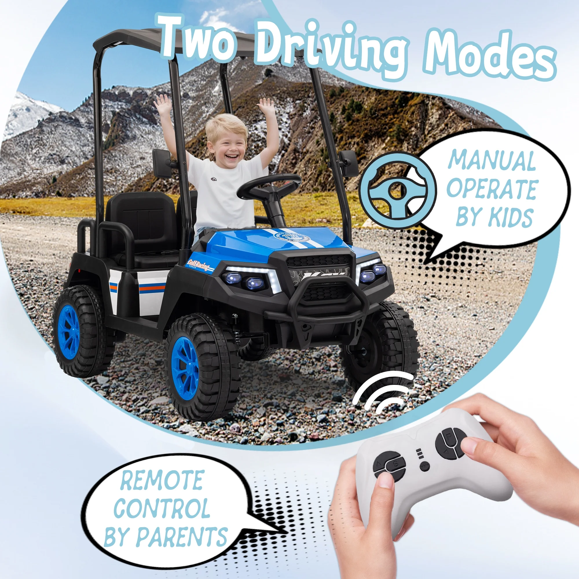 24V XL Kids Ride on Golf Cart, Electric Car w/Remote Control, Detachable Awning, 4 Seats, 3 Speeds, LED Lights, Spring Suspension, Bluetooth, Audio, Blue