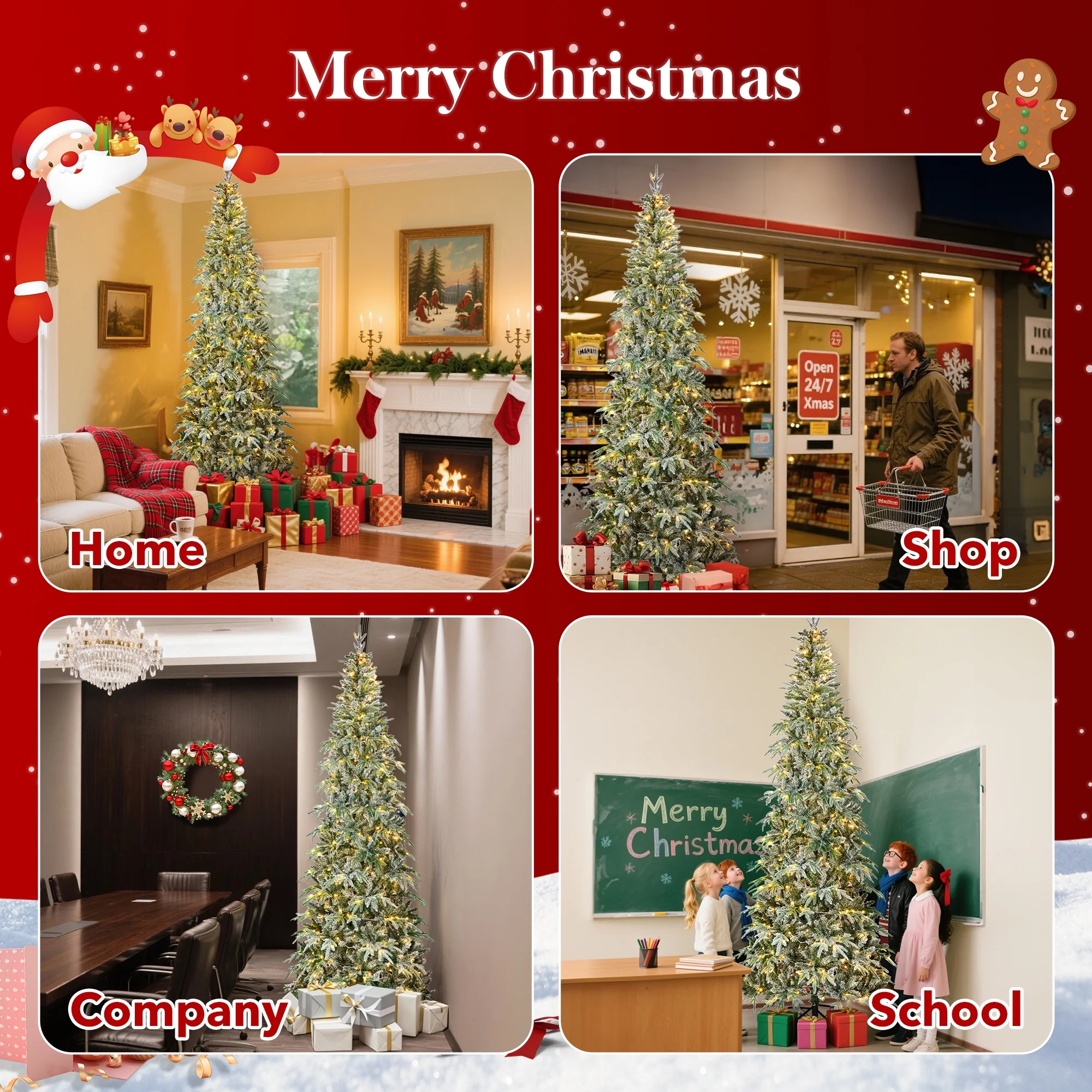 Qunler 9ft Snow Flocked Christmas Tree with 2028 Tips, Artificial Snowy Xmas Pine Tree with Reinforced Metal Base for Home Office Party Holiday Decorations ,White(NO Light)