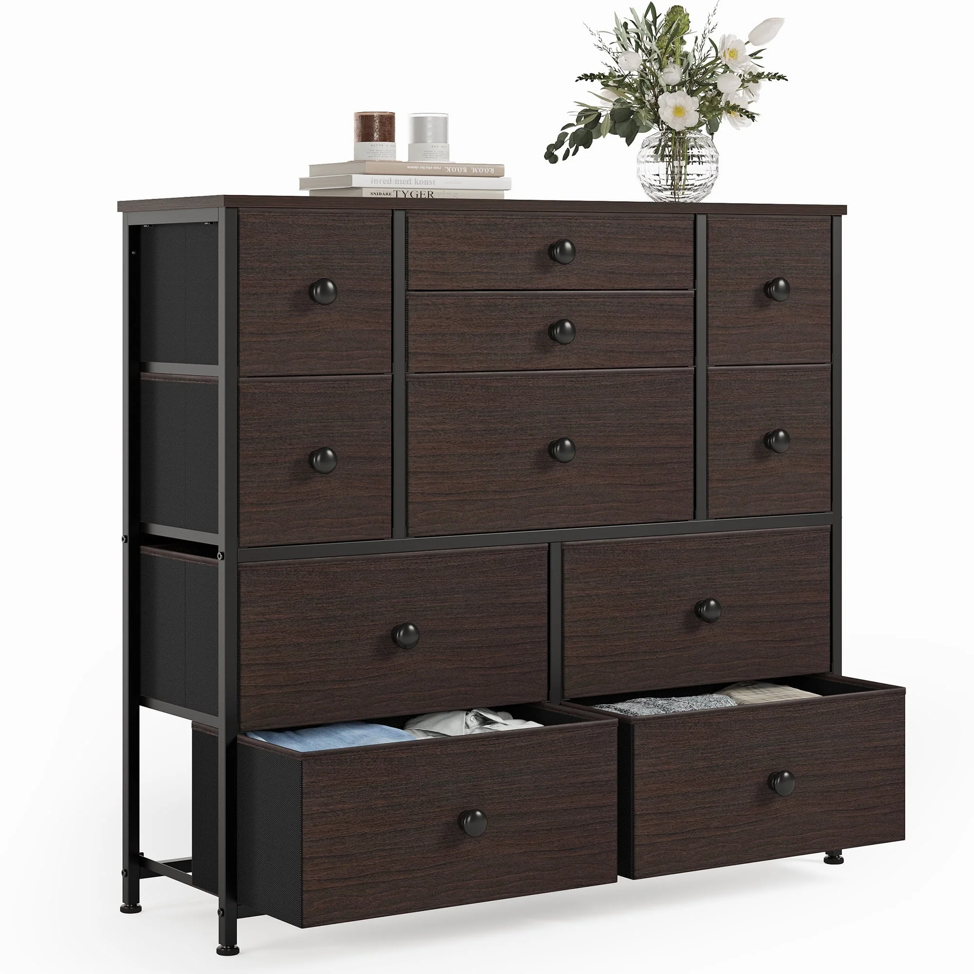 REAHOME 11 Fabric Drawers Dresser Chest of Drawers for Bedroom Faux Leather Rustic Brown Finish with Wood Top Sturdy Steel Frame
