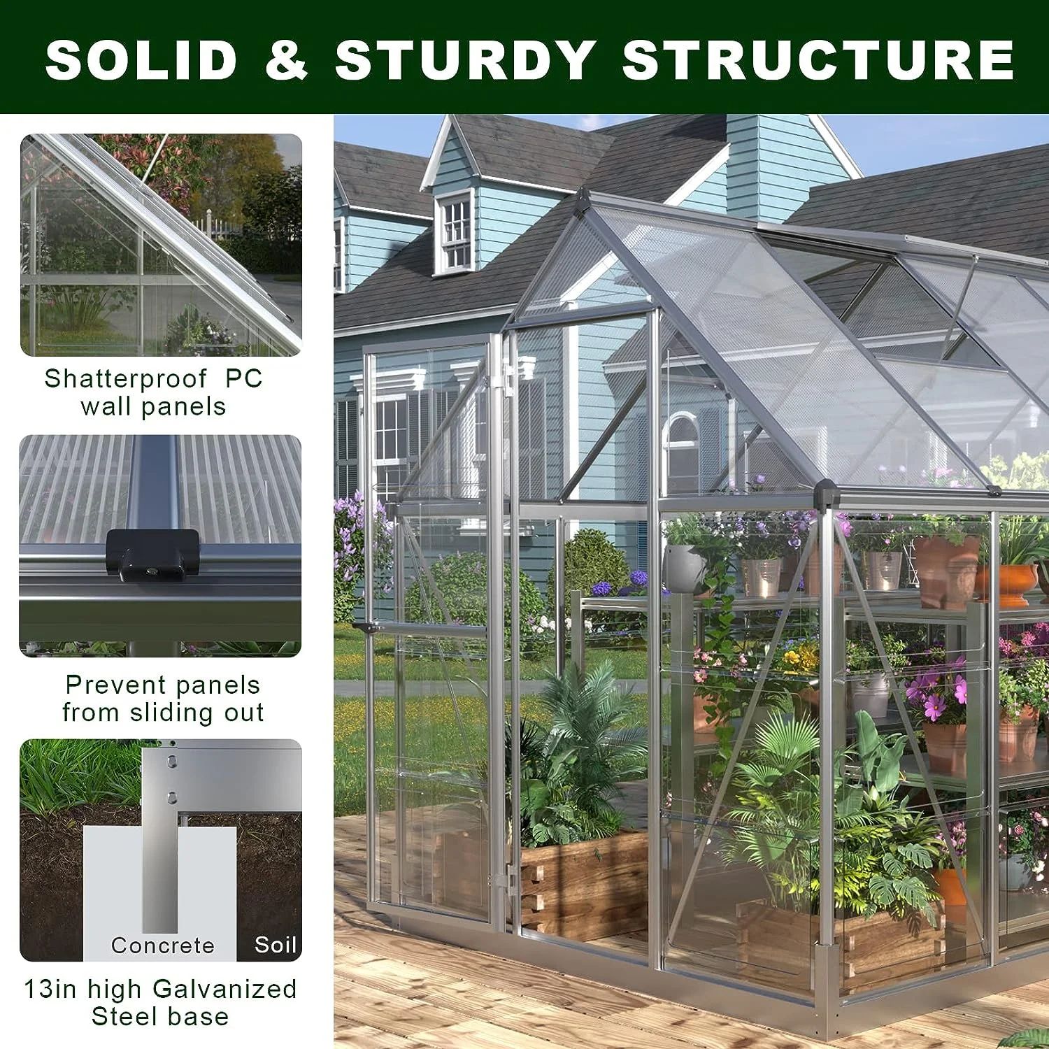 Jocisland 8x8x7 FT Polycarbonate Walk-In Greenhouse with Aluminum Frame, 2 Top-Opening Windows & 2 Swing Doors, Heavy Duty for Outdoor Garden Use, Black