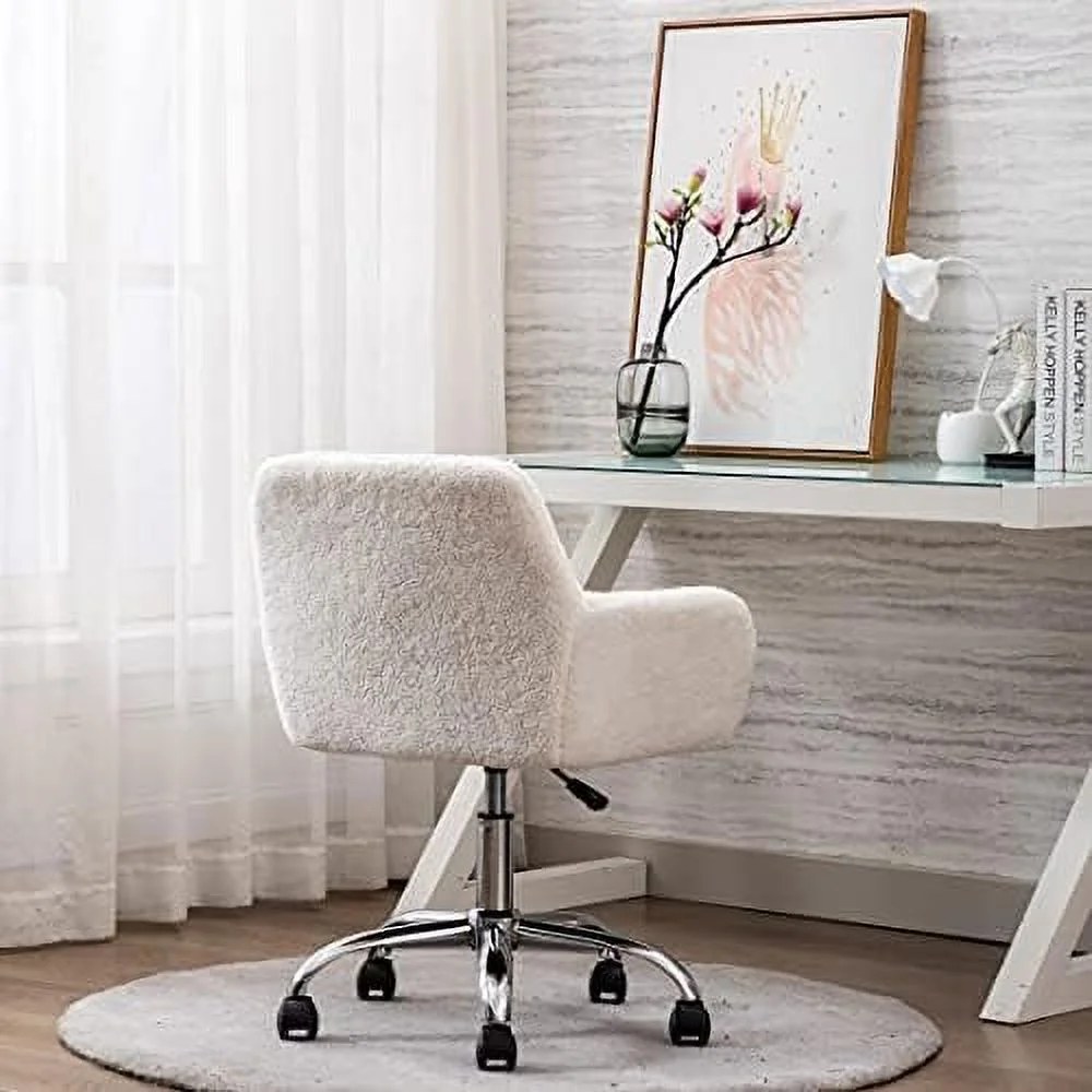 Modern Faux Fur Home Office Chair Height Adjustable, White Desk Chair Vanity Chair for Makeup Room, Rolling Desk Chairs with Wheels, Swivel Furry Cute Desk Chair for Teen Girls Women