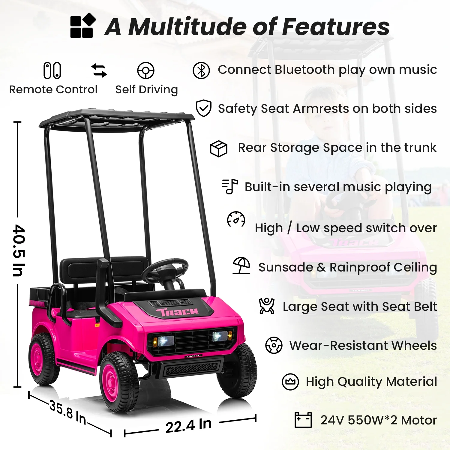 Track Seven 24V Ride on Car, Electric Golf Cart with Ceiling, Ride on Truck with Remote Control, Music, Rear Storage Box, Electric Car for Boys Girls Age 3+, 18.5