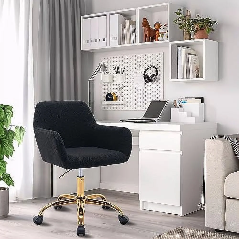 Modern Faux Fur Home Office Chair Height Adjustable, White Desk Chair Vanity Chair for Makeup Room, Rolling Desk Chairs with Wheels, Swivel Furry Cute Desk Chair for Teen Girls Women