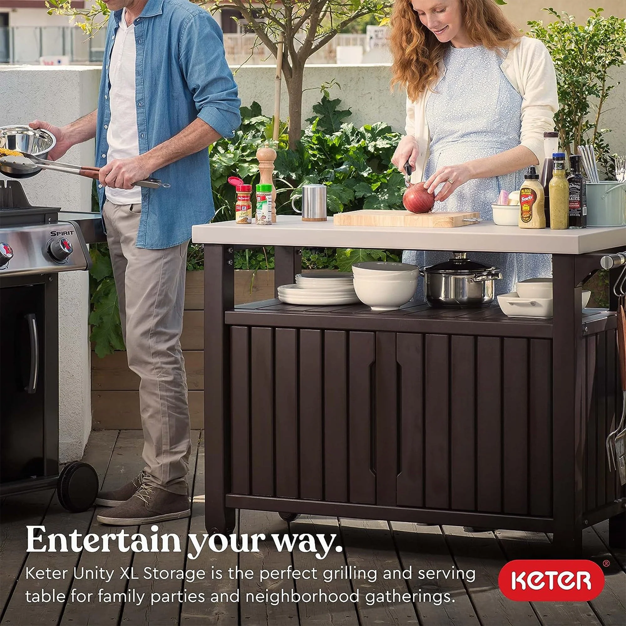 Keter Unity XL Outdoor Kitchen Bar Rolling Cart with Storage Cabinet, Brown