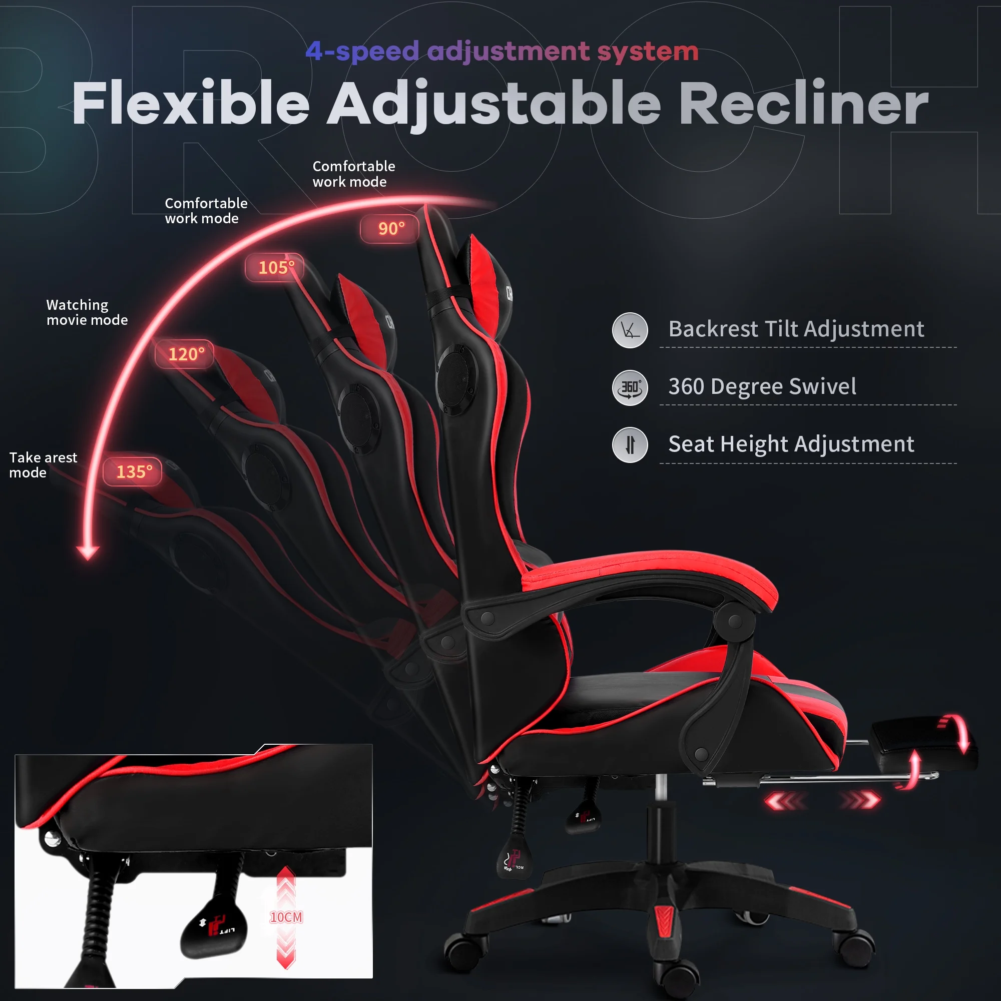 Ergonomic Gaming Chair, CHAHO Gaming Chair with Speaker & LED Lights, Computer Racing Chair for Adults, PU Leather Office Chair with Footrest Lumbar Support Headrest, Red