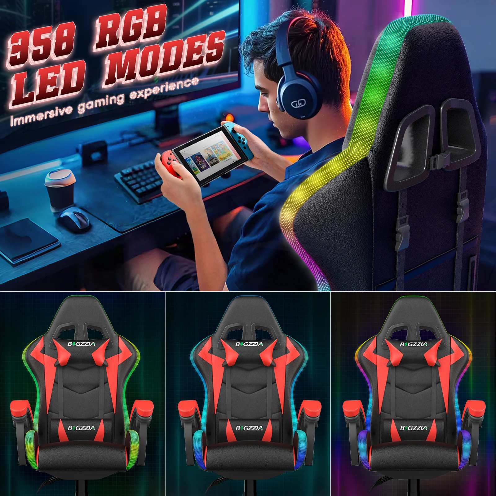 Bigzzia Gaming Chair with LED Lights Ergonomic Office Chair for Adults and Kids - Adjustable Height, 360�� Swivel, Headrest Support, Mesh PU Leather, Black & Green