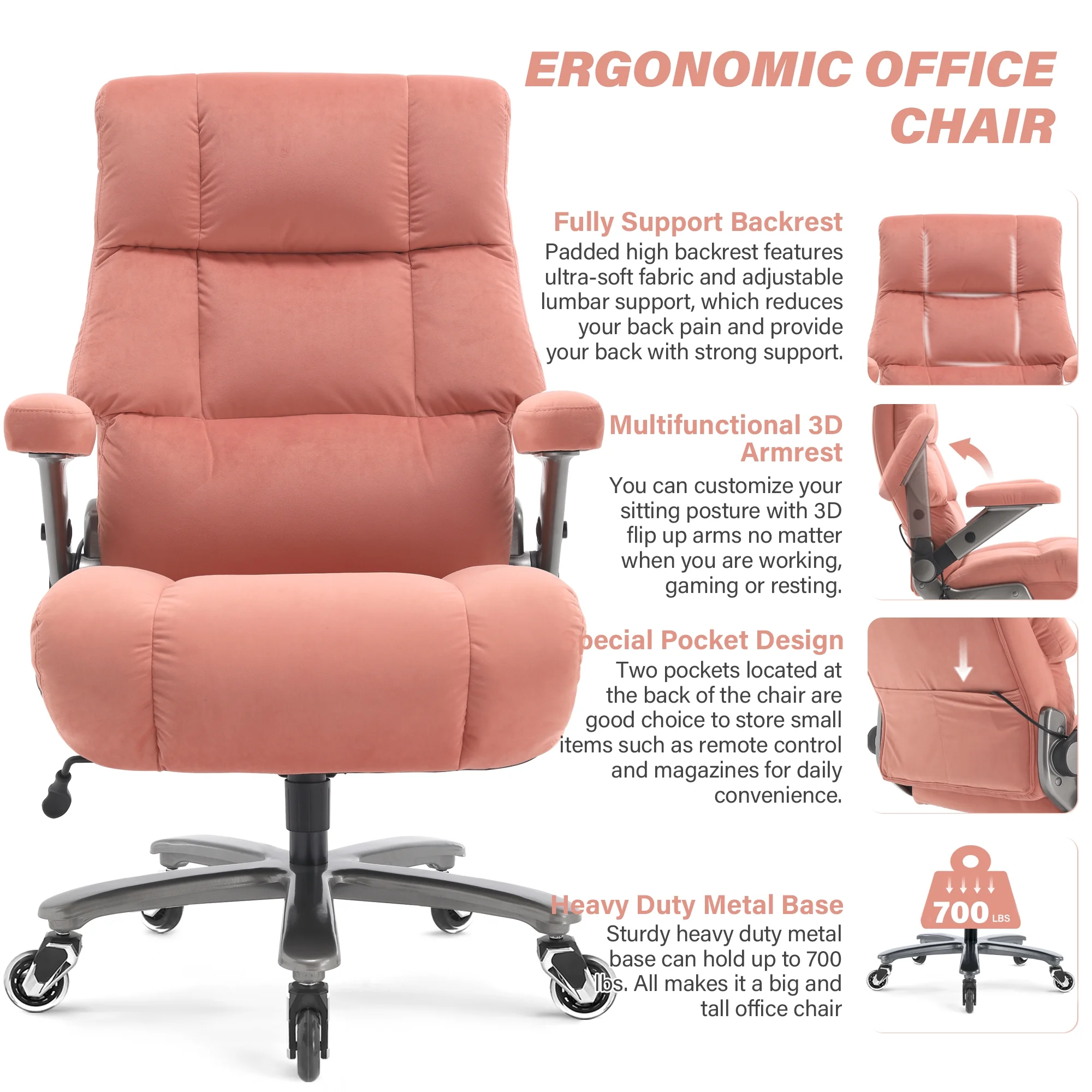 Big and Tall 700lbs Office Chair, Ultra-Soft Fabric Executive Desk Chair, Ergonomic Computer Chair with 3D Flip Up Arms, Adjustable Lumbar Support, Heavy Duty Metal Base and Quiet Rubber Wheel, Black