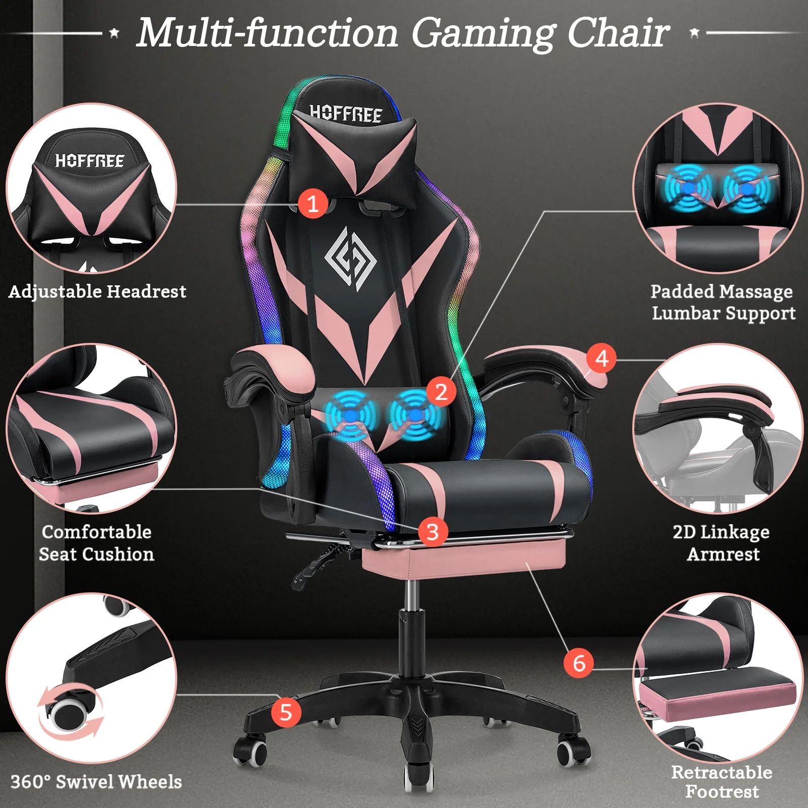 Hoffree Gaming Chair with Speakers PU Leather Office Chair with Footrest and LED Lights Ergonomic Gamer Chair with Massage Lumbar Support and Headrest Adjustable Swivel for Home Office 300lb