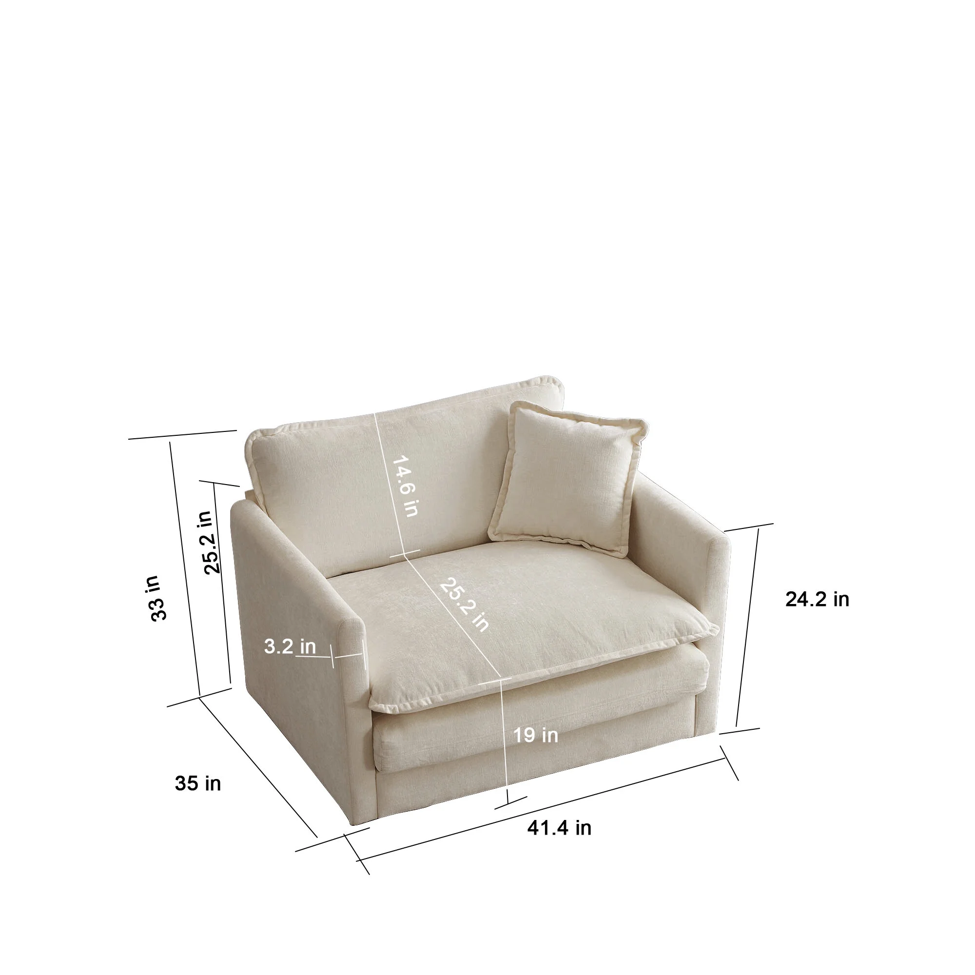 Comfy Deep Seat Sofa Chair, Upholstered Chenille Fabric Armchair with Toss Pillow for Living Room, Bedroom - Beige, Sturdy Wood Frame, 22+ Combination Options