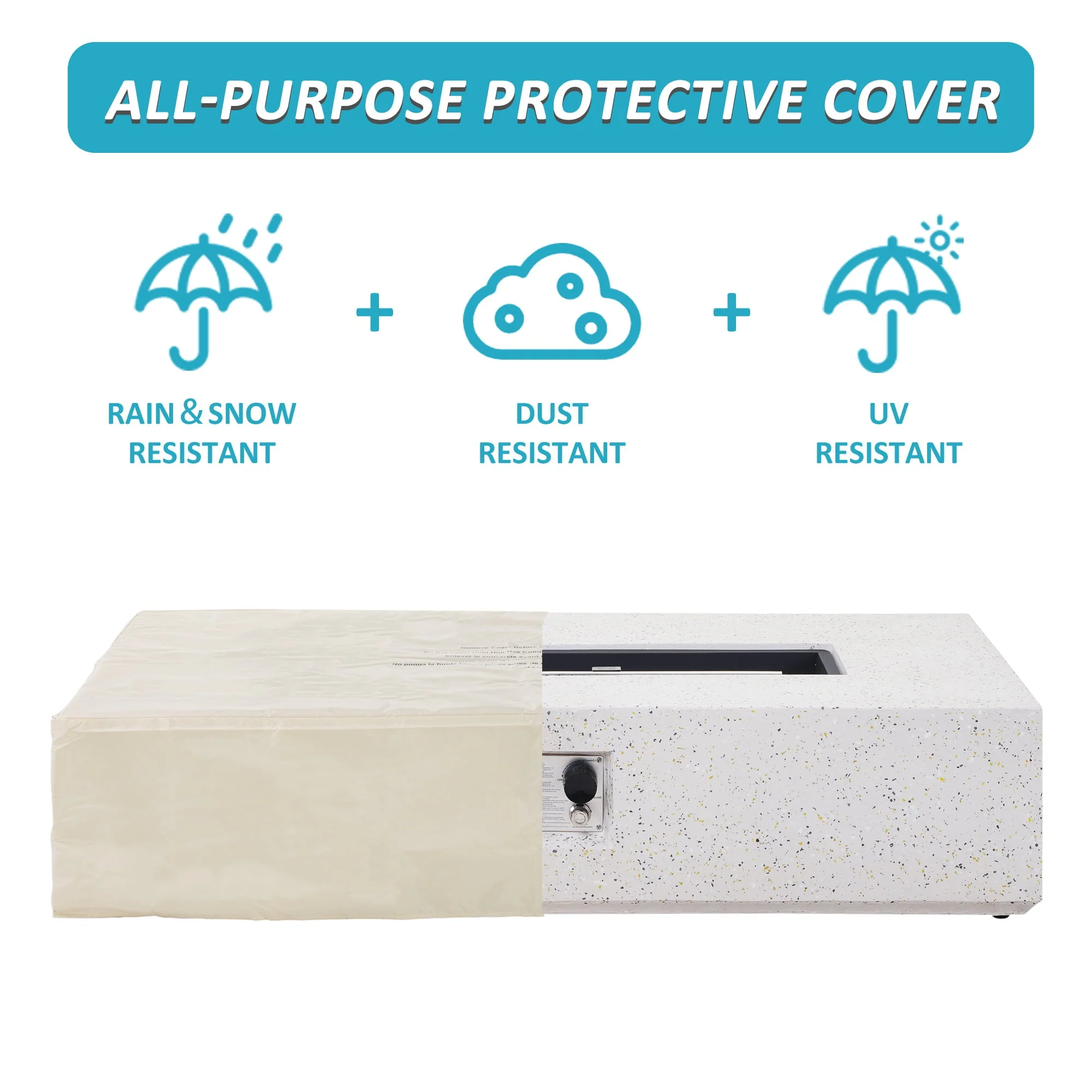 ESSENTIAL LOUNGER 56 inch Concrete Propane Fire Pit Table, 50,000 BTU Outdoor Firepit Rectangular Table for Garden＆Patio, with Propane Tank Metal Stand, Fire Glass Beads and Waterproof Cover, White